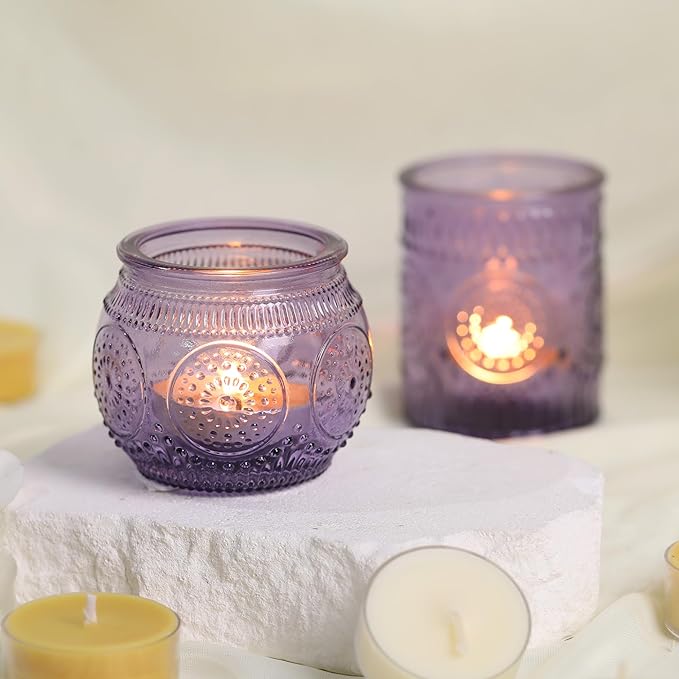 30pcs Assorted Purple Votive Candle Holders for Wedding Decorations, Boho Glass Tealight Candle Holder, Wedding Table Centerpieces, Bridal Shower Decorations, Retro Purple Party Decor, Party Favors