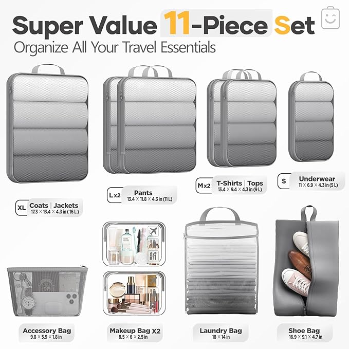 Veken 11 Set Compression Packing Cubes for Travel Essentials, Compressible Expandable Large Luggage Suitcase Organizer Bags for Clothing, Durable Space Saver Storage Bags with Toiletry Bags (Gray)