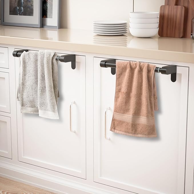 VEHHE Kitchen Towel Holder, Retractable Kitchen Towel Rack, Hooks Adjustable to Cabinet Door Thickness, Dish Towels Holder with EVA Pad, Over The Door Towels Rack, L10.4~16.9 X W2.8 X H2.4 in (Black)
