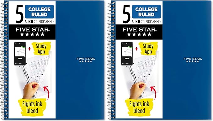 Five Star Spiral Notebook + Study App, 5 Subject, College Ruled Paper, 8-1/2" x 11", Fights Ink Bleed, Water Resistant Cover, Pacific Blue (73635), 200 Sheets (Pack of 2)