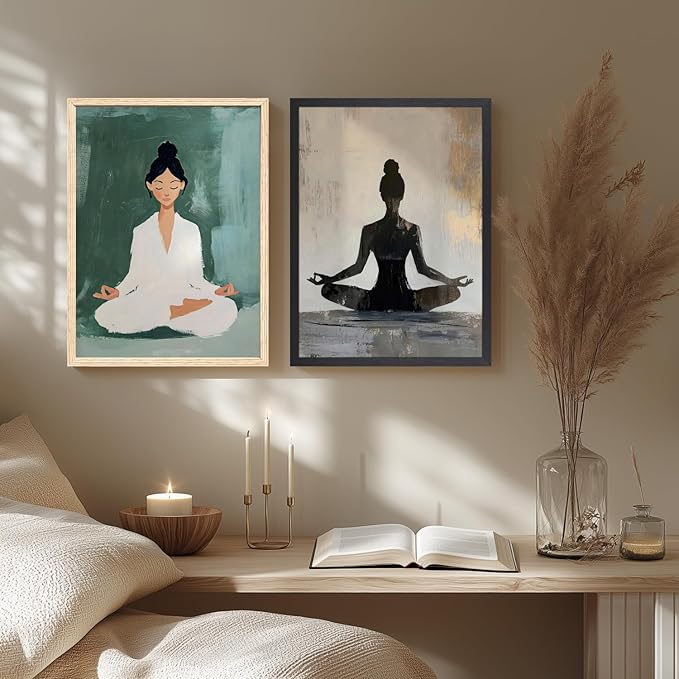 GELDSTEI Wood Framed Zen Wall Art, Tranquil Meditation Wall Decor, Yoga Girl Canvas Painting, Spiritual Aesthetic Picture, Calming Mindfulness Poster Print for Living Room Spa Yoga Studio 16"x24"