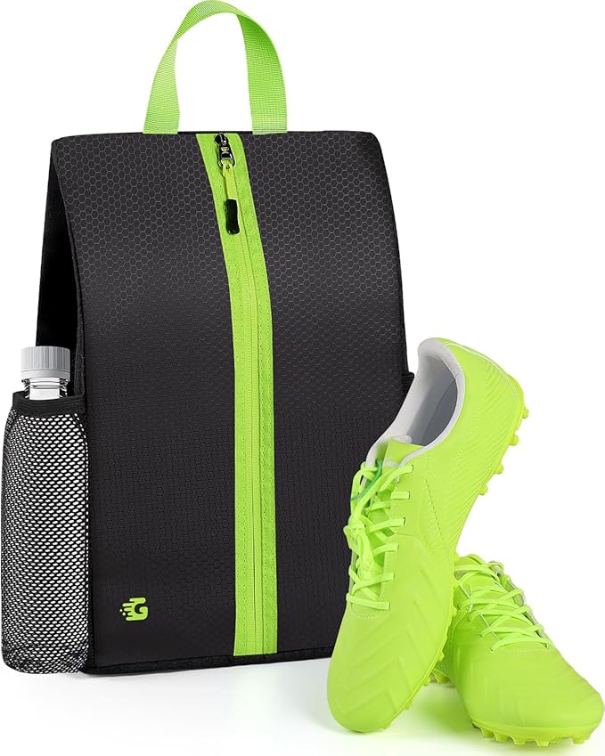 Smell Proof Shoe Bags for Travel - Soccer Cleat Bag Smell Proof with Active Carbon Fabric | Odor-Absorbing Water-Resistant Track Shoe bags for Sports (Black with Green, UP TO US14)