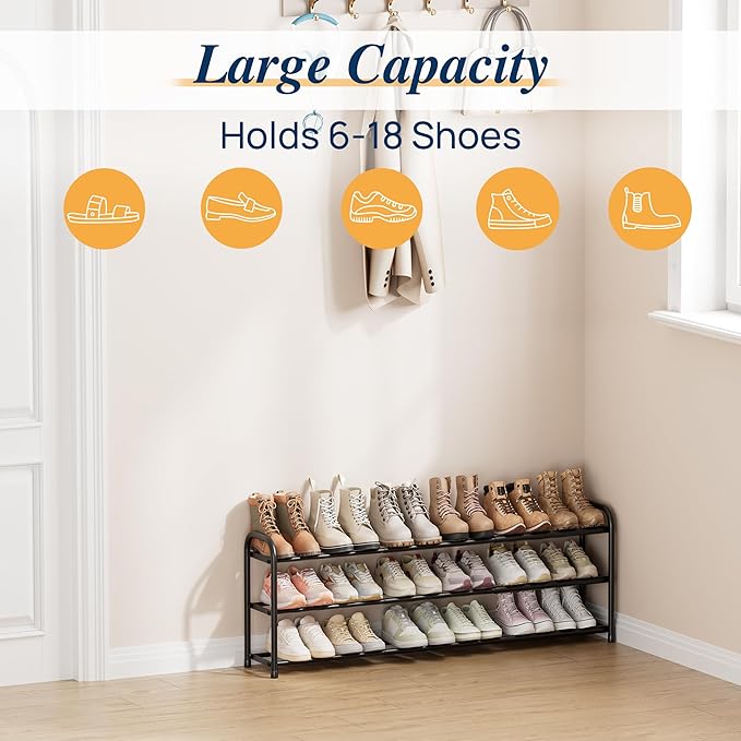 ENJOYBASICS Expandable Shoe Rack, 46.5'' Wide - 20 Pairs Adjustable Shoe Organizer Shelf for Closet, 3-Tier Black Metal Free Standing Shoe Rack Storage for Small Space, Entryway