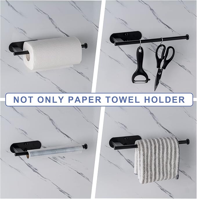 Honmein Paper Towel Holder, Upgrade SUS304 Stainless Steel Paper Towel Holder Under Cabinet, Bend-Resistant, Self-Adhesive or Drill mounting (2 Black)