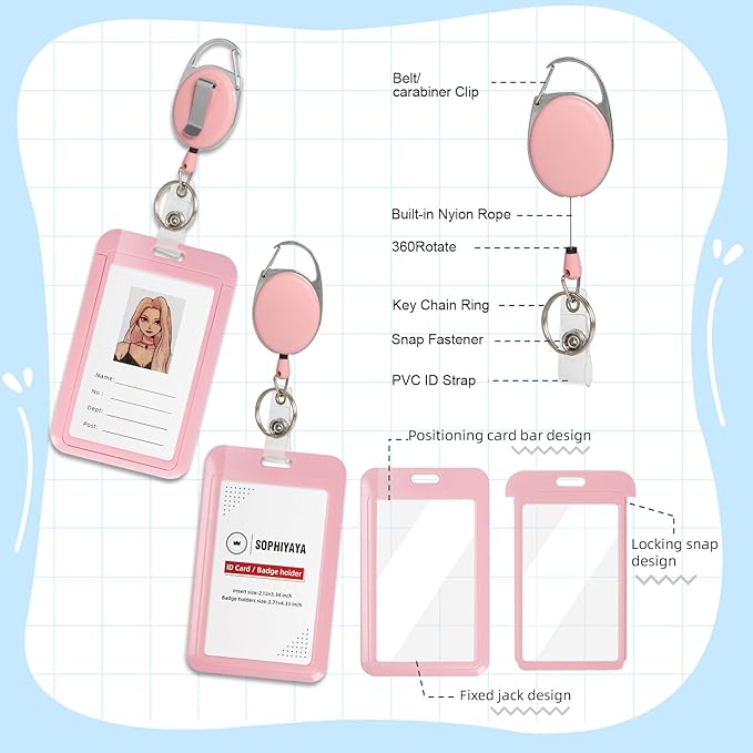 Badge Holder and Retractable Reel, ID Badge Holders with Retractable Clip for Office Factory Teacher Student Women Men (Red, Double Sided)