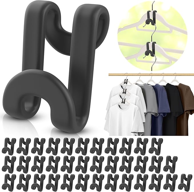 Besslly 100Pcs Space Saving Hanger Hooks, Plastic Clothes Hanger Connector Hooks, Heavy Duty Space Saver Hanger Extender Clips for Closet Organizers, Black