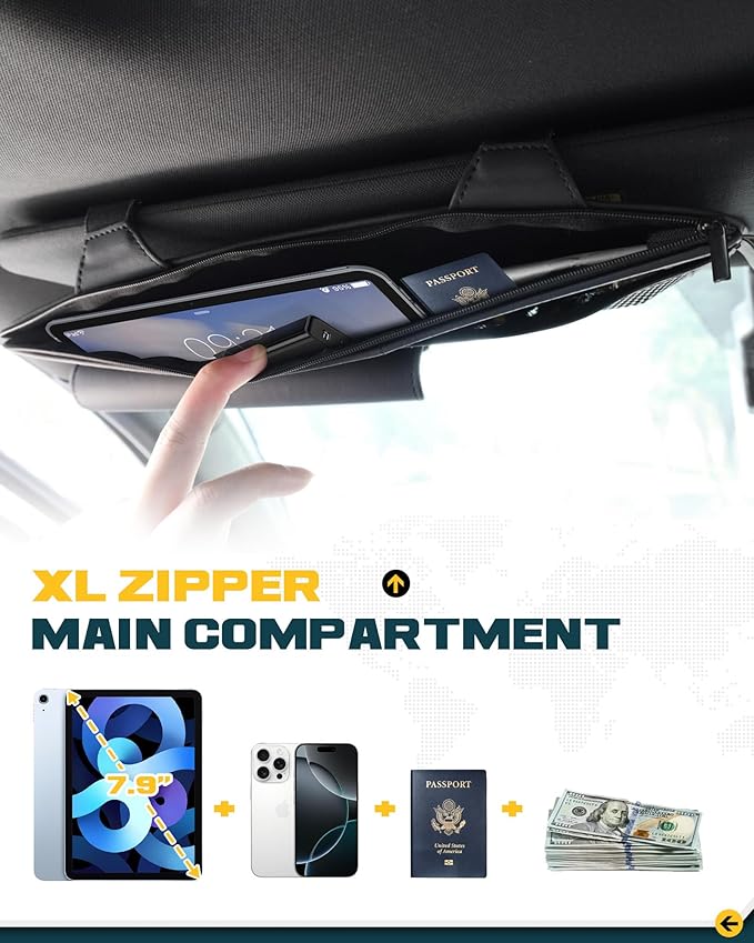 Car Sun Visor Organizer Premium Leather Storage Bag with Magnetic Sunglass Pocket, Extra-Large Zippered Compartment & Anti-Slip Mesh Pocket Sun Visor Organizer for Trucks, SUVs & Cars