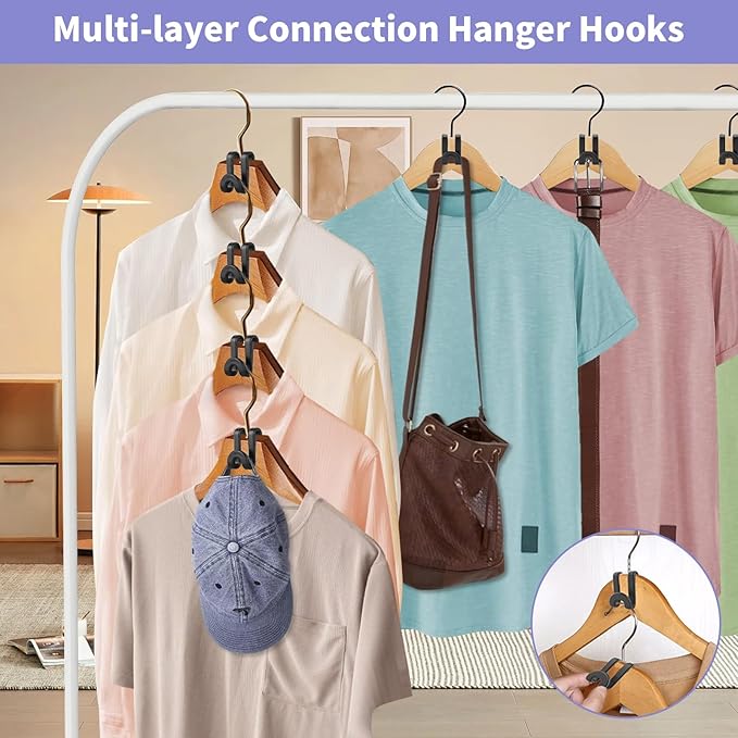 BATHRINS Space Saving Hanger Hooks Set - 60 PCS Hanger Connector Hooks & 3 PCS Hat Organizer Hangers for Closet Clothes Organizers Space Saving