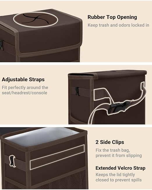 Capolo Car Trash Can with Lid, Leakproof Car Trash Bag Hanging Waterproof Automotive Garbage Can with Storage Pockets Mini Vehicle Trash Bin for Back/Front Seat(Brown,3 Gallon)