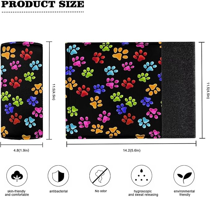 KUIFORTI Colorful Paws Luggage Handle Wrap Cute Suitcase Protective Handle Cover Set of 2 Pcs, Lovely Footprint Luggage Identifiers Marker Grips Protector, Portable Travel Accessories