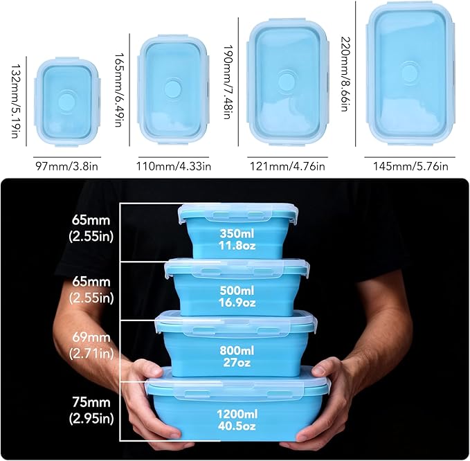4 Pack Collapsible Storage Containers with Lids, Reusable Silicone Food Containers Set for Kitchen & Dining, Space Saving Collapsible Bowls for Travel, Camping, Easy Storage
