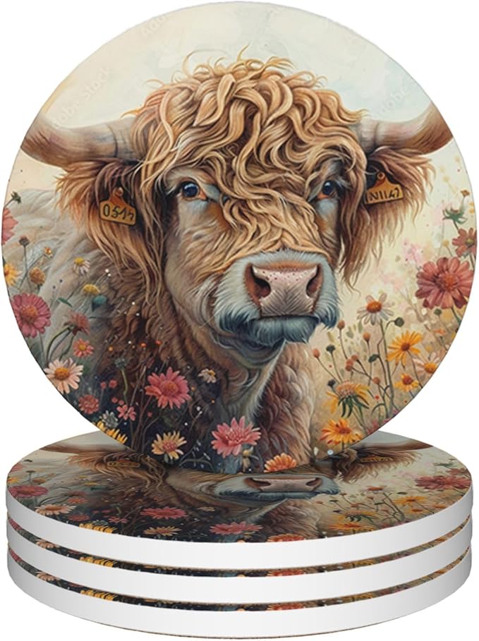 Drinks Coasters Set of 4, Highland Cow Wildflowers Round 4" Cup Coasters, Absorbent Ceramic Stone Coasters with Cork Base, Cute Coasters for Table Home Décor, Ideal Gifts for Women Men