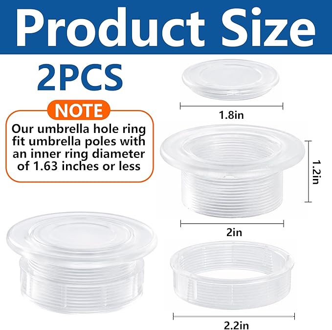 DECOHS 2 Pcs 2" Parasol Umbrella Hole Ring Plug and Cap Set, Thicker Patio Table Hole Cover Insert, Deck Table Umbrella Holes Plug Replacement Parts for Outdoor Patio Table Garden Yard (Transparent)