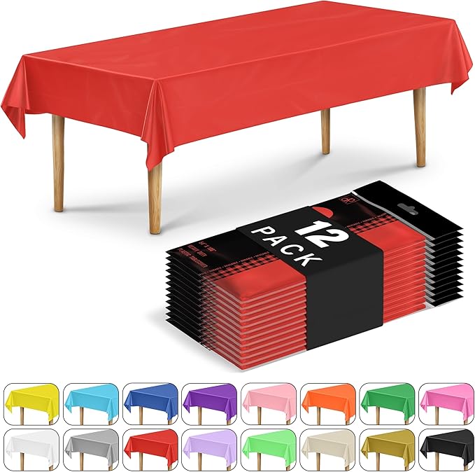 DecorRack 12 Rectangular Tablecloths BPA-Free Plastic, 54 x 108 inch, Dining Table Cloth, Rectangle Table Cover for Parties, Picnic, Camping and Outdoor, Disposable or Reusable, Red (12 Pack)
