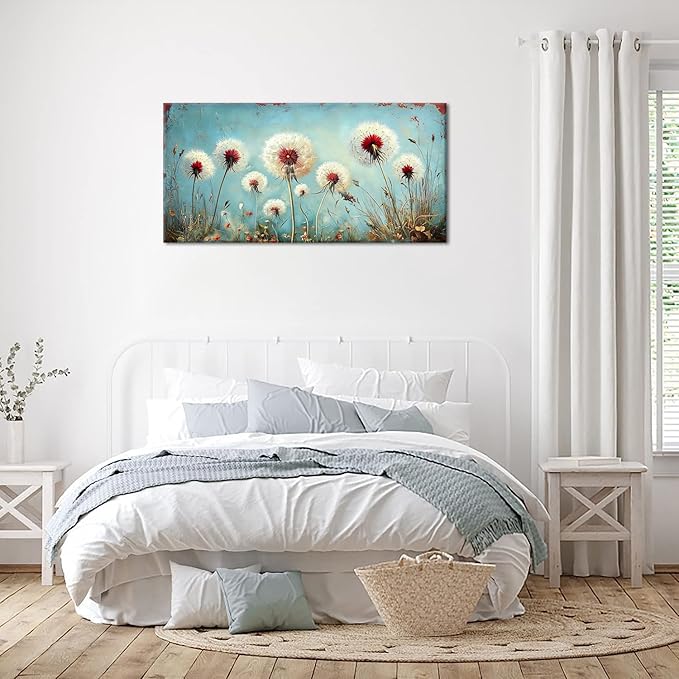 ZESTRILIA Dandelions Wall Art Retro Canvas Prints Modern Rustic Canvas Paintings Waterproof Artwork Landscape Picture for Country Farmhouse Living Room Bedroom Home Office Kitchen Décor (28x58inch)