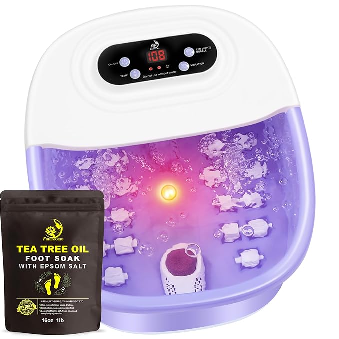 Foot Spa Bath Massager with Heat Bubbles and Vibration Massage and Jets, 16 OZ Tea Tree Oil Foot Soak Epsom Salt, Foot Soaker with Red Light, 22 Massage Rollers, Adjustable Temp -Purple