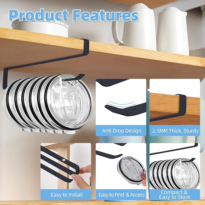Tumbler Lid Organizer, 2 Pack for Yeti Lid Organizer, Space Saving Water Bottle Lid Holders, Tumbler Lid Holder Up to 12 Lids, Cup Lid Organizers for Kitchen Under Cabinet Storage