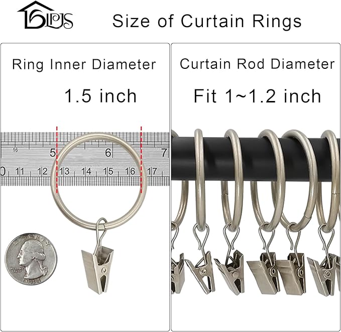 40 Pack Metal Curtain Rings with Clips, Curtain Clip Rings Hooks for Hanging Drapery Drapes Bows, Curtain Rod Rings 1.5 inch Interior Diameter, Matte Silver