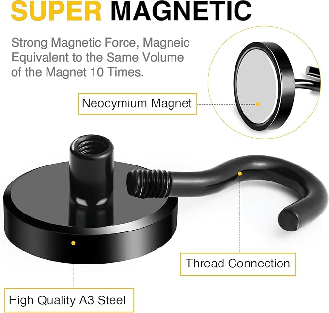 DIYMAG Black Magnetic Hooks, 120 LB Heavy Duty Strong Magnet with Hook, Rare Earth Neodymium Magnetics for Hanging, Magnetism Hanger for Curtain, Home, Kitchen, Workplace, 6 Packs