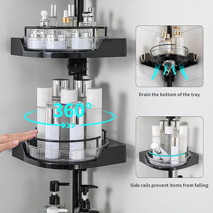 360° Rotating Shower Caddy Tension Pole, 4 Tiers Corner Shower Organizer for Bathroom Shelf Bathtub, Adjustable Standing Shower Rack Bathroom Accessories, Easily Assemble, 34-124 Inch Height, Black