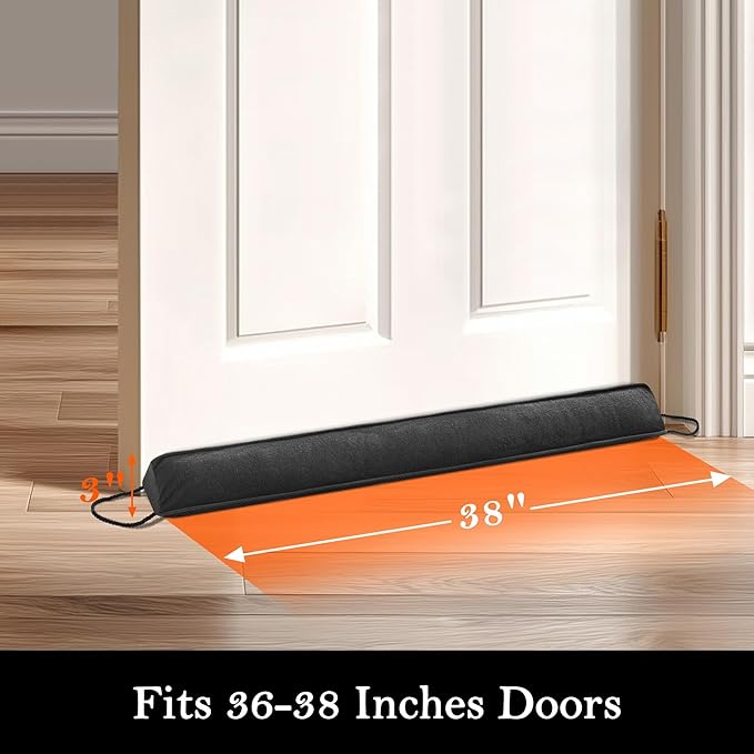 Sunolga Door Draft Stopper Blocks Hot and Cold Air with Removable Washable Cover for Bottom of Door, All-Season Seal for Noise, Light, Under Door Sweep for Gaps Up to 3", Home Essentials, 38", Black