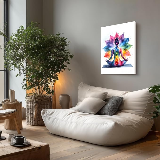 GELDSTEI Framed Zen Wall Art, Chakra Yoga Wall Decor, Colorful Meditation Poster Print, Spiritual Canvas Painting, Vibrant Meditating Woman Aesthetic Picture for Living Room Yoga Studio 12"x16"