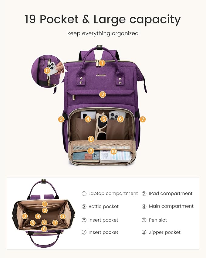 LOVEVOOK Laptop Backpack for Women with Giant Tumbler Holder Pocket,17 inch Waterproof Travel Backpack Purse Computer Laptop Bag,Professional Work College Nurse Teacher Backpack Daypack,Light Purple