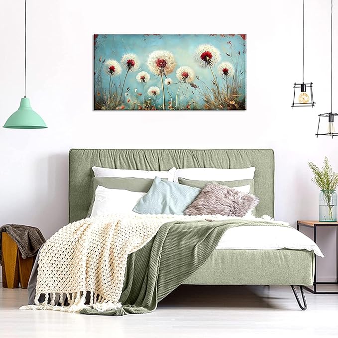 ZESTRILIA Dandelions Wall Art Retro Canvas Prints Modern Rustic Canvas Paintings Waterproof Artwork Landscape Picture for Country Farmhouse Living Room Bedroom Home Office Kitchen Décor (23x46inch)