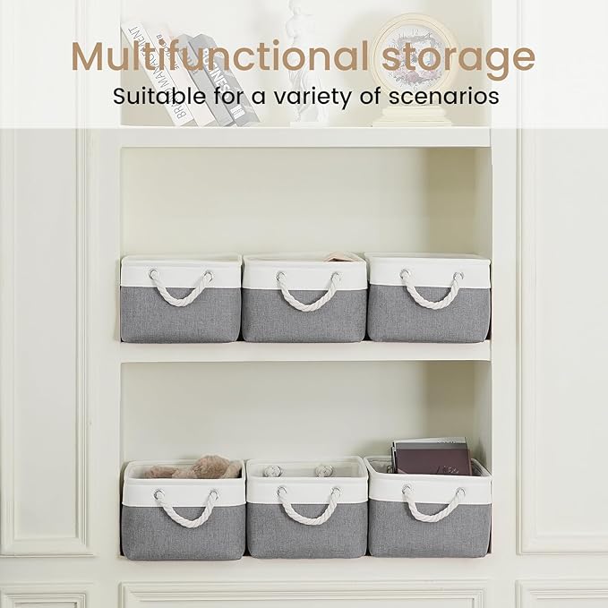 VQRTEXA Storage Baskets for Shelves 13.8x9.8x6.7 Inch, Foldable Fabric Storage Bins with Handles, Small Storage Baskets for Organizing Closet, Bathroom, Office, Home Organization (3-Pack, White&Gray)