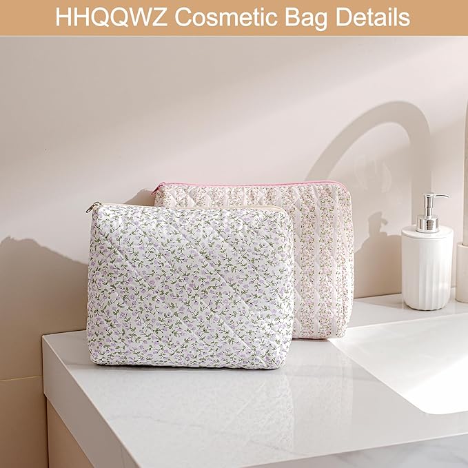 HHQQWZ Makeup Bag Travel Cosmetic Bag for Women Girls, Zipper Make Up Pouch, Floral Flowers Toiletry Organizer Makeup, Portable Storage Cosmetic Travel Cloth Bag (L/Pink Floral)