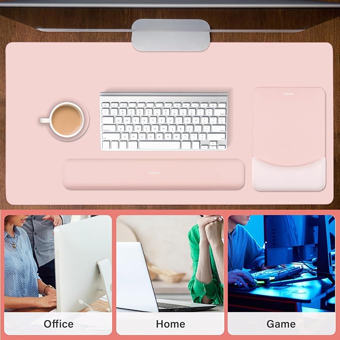 MOSISO Keyboard Mouse Pad Set, Large Gaming Mouse Pad & Rectangular Keyboard Wrist Rest & Mousepad with Wrist Rest & Coaster, Ergonomic Non-Slip & Easy Typing Pad with Curved Silicone Lining, Baby Pink