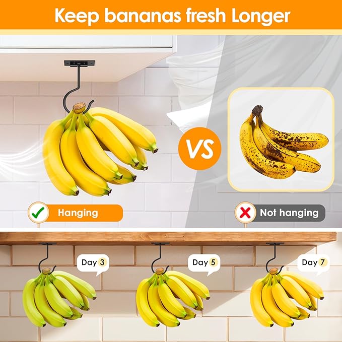 2PCS Self Adhesive Banana Hook Under Cabinet Foldable Banana Hanger Black Metal Under Counter Banana Hook to Keep Bananas Fresh Banana Holder for Kitchen RV Space Saving