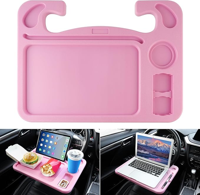 JUSTTOP 4 in 1 Car Steering Wheel Desk for Laptop, Versatile Upgraded Car Seat Tray, Spacious Steering Wheel Table with Tablet Holder and Dual Sauce Racks, Steering Wheel Under Table Console (Large+Pink)