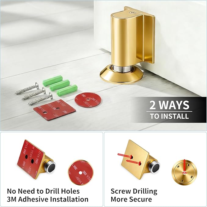Magnetic Door Stoppers, Magnet Door Stop - Stainless Steel Door Catch, Retractable Bottom of Door Holder Suits Gaps Within 1.4" Keep Door Open, No Drill 3M Adhesive & Screws - Golden2 Pack