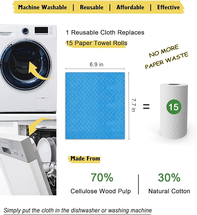 MoLKENE Swedish Dishcloths for Kitchen | 6 Pack Absorbent Cellulose Sponge Cloths Washable | Non-Scratch Reusable Paper Towels Quick Drying Cleaning Cloths - Blue