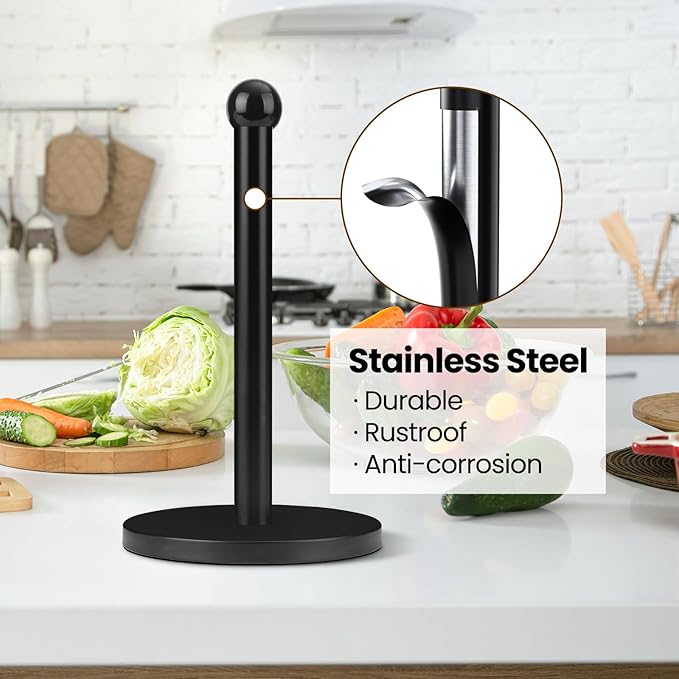 Paper Towel Holder, Black Kitchen Paper Towels Holder Stand, Stainless Steel Paper Towel Holder -Weighted Base, Non-Slip Protect The Countertop