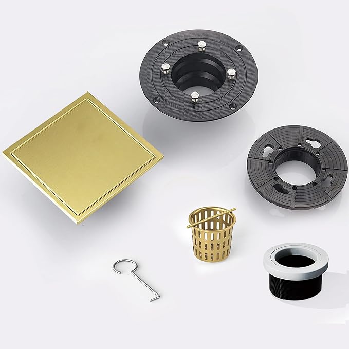 6 Inch Square Shower Floor Drain, Shower Drain Kit with Flange and 2 in 1 Tile-Insert Cover, Square Shower Drain, SUS 304 Stainless Steel Floor Drain,Brushed Gold