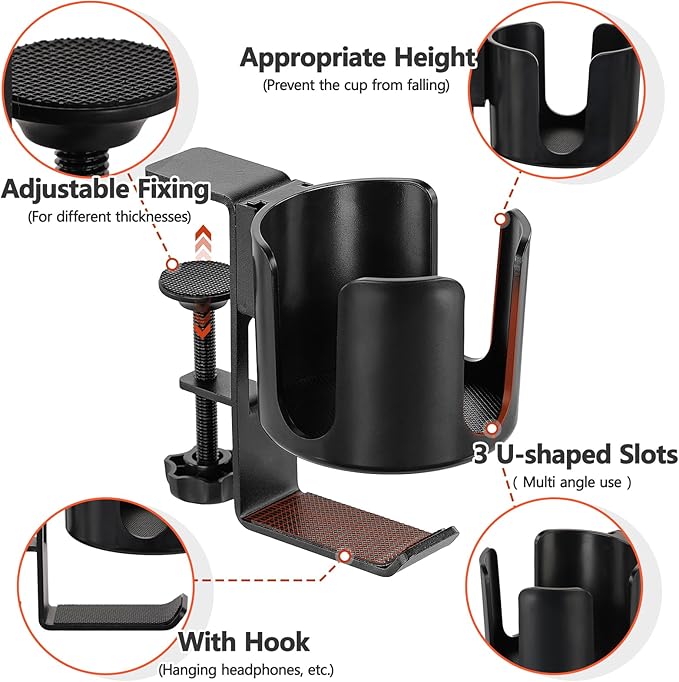 Desk Cup Holder Clamp with Headset Hook, Anti-Spill Water Bottle Stand Clip On Table Edge or Chair Armrests, Office Accessories for Coffee Drink Mug Bottles