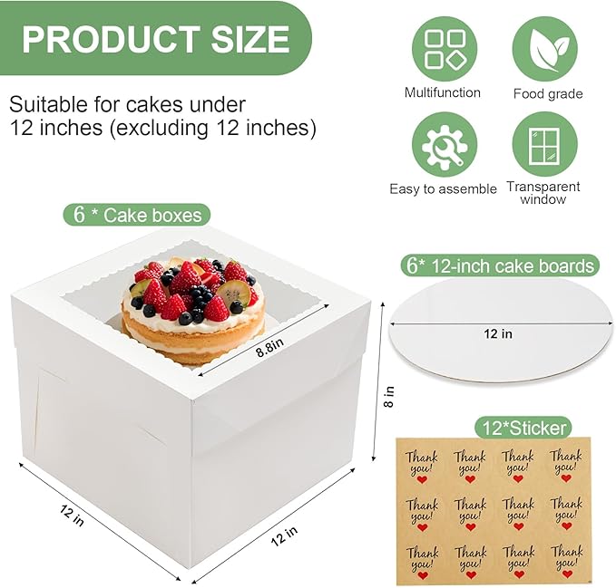 6 Pack Cake Boxes, 12x12x8 Inches Tall Cake Box with Cake Boards, White Bakery Boxes with Large Window, Disposable Cakes Transport Containers with Lids, for Cookies, Pies, Wedding, Birthday