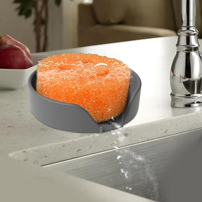 Sponge Holder for Scrub Daddy with Suction Cups and Drain Spout Kitchen Sink Caddy Organizer, Soap Dishes Holder Accessories Rack, Dishwasher Safe - 4.7"x4.7", Dark Gray