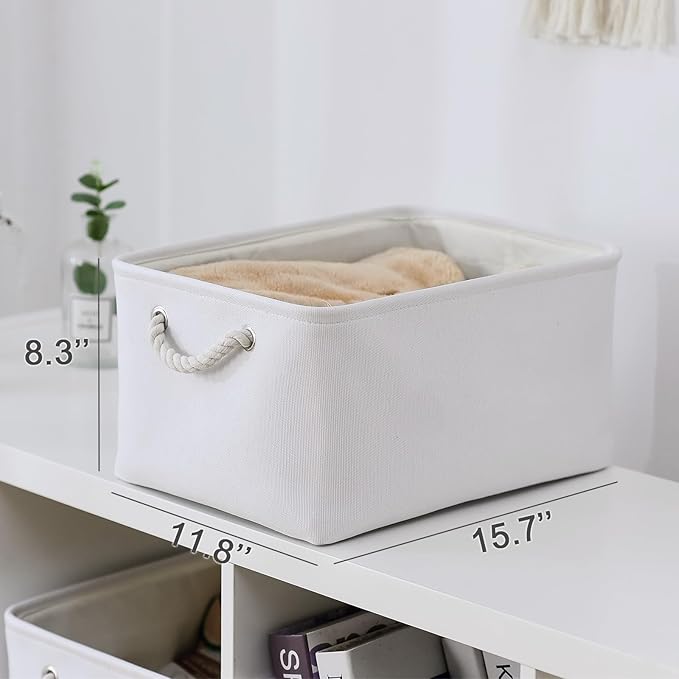 TheWarmHome Storage Basket for Gifts Empty - Large 3 Pack 15.7x11.8x8.2 inch Storage Basket for Organizing with Handles, Canvas Storage Bins for Organizer Closet Toy Cubes Gift (White)