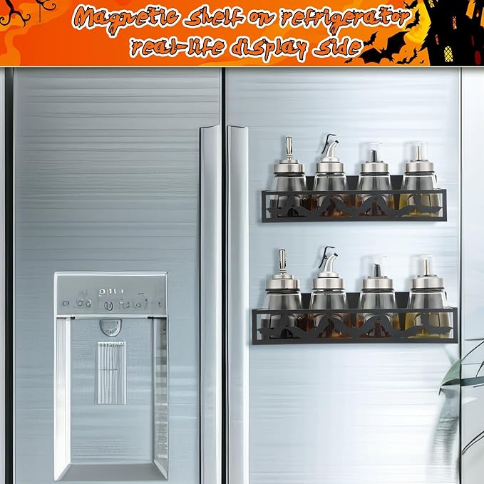 2 Pack Bat Magnetic Spice Rack for Refrigerator Metal Magnet Basket Shelf for Fridge Seasoning Storage Organizers Home Decor Kitchen Accessories (Black)