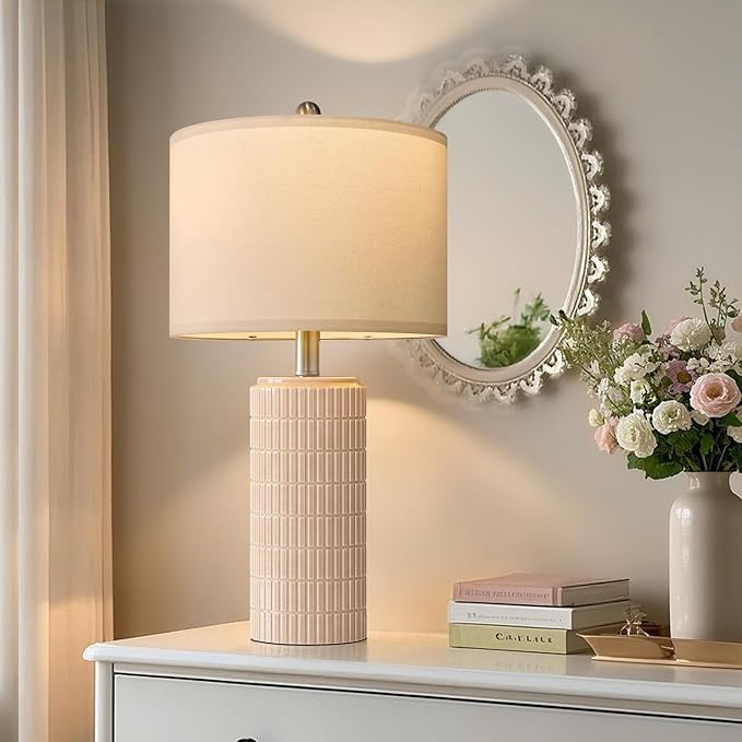 PoKat 23" Pink Ceramic Table Lamps Set of 2, Modern Bedroom Lamps for Girls Room, Bedside Lamps for Night Stands, Cute Lamps for Living Room Decor, Nightstands Desk Lamp, Pink