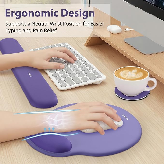 Mouse Pad and Keyboard Wrist Rest, 3-in-1 Gel Memory Foam Ergonomic Mouse Pad with Wrist Rest Set, Gaming Mousepad Arm Cushion Support for Computer Office Desk Accessories Cute Setup, Purple