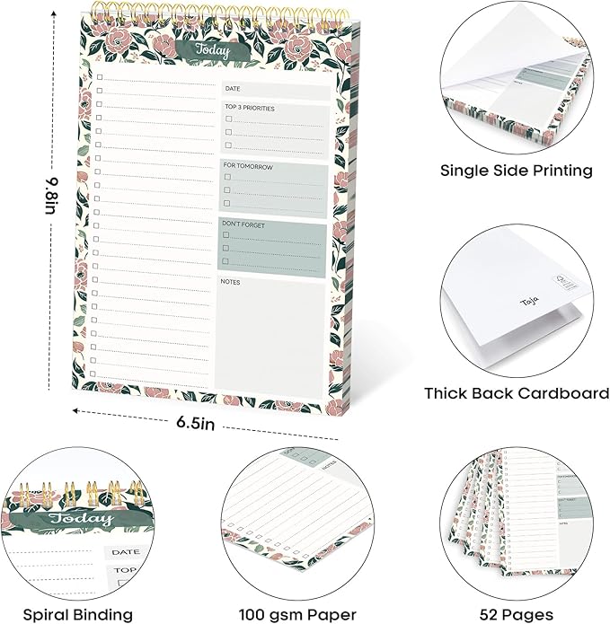 Taja To Do List Notepad - To Do List Notebook for Work with 52 Sheets, Undated Daily Planner Perfect for Daily Tasks and Goal Setting, Notepad Suitable for Office, Home & School - Rose Meadow