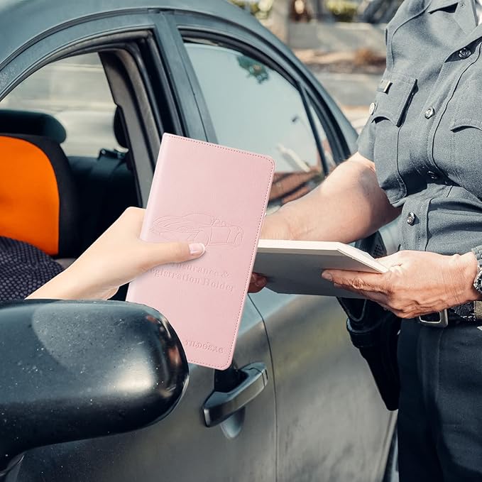 TILDOSAC Leather Car Registration and Insurance Card Holder, Car Document Holder for Cards License with Magnetic Shut (Pink, large)