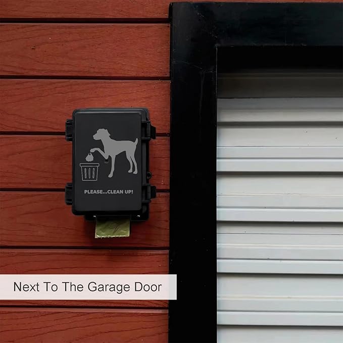 Dog Poop Bag Dispenser Wall Mounted Waterproof Outdoor Pet Waste Bags Dispenser Station with Cute Doggie Poo Images Post, Pole, Fence Mountable fits Home, Porch, Patio, Yard (Black, Dispenser Only)