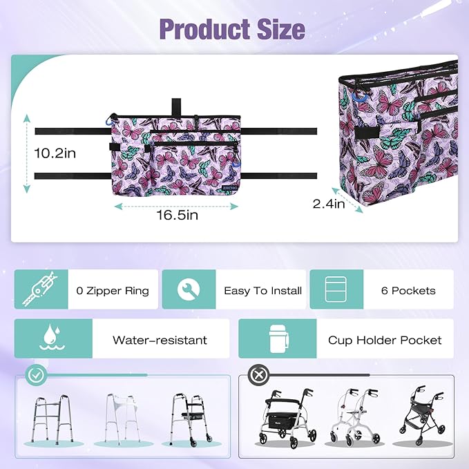 Walker Bag with Cup Holder, Walker Accessories for Seniors Detachable, Foldable Walker Basket with Big Capacity, Best Gift- Purple (Not Fit Rollator Walkers)