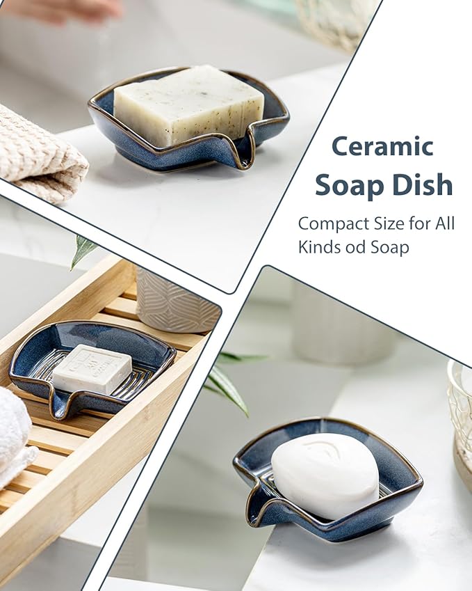 Ceramic Soap Dish, Bar Soap Holder with Drain Spout, Self-Draining Soap Saver for Shower, Bathroom, Kitchen Sink, Bathtub, Keeps Soap Dry, Blue