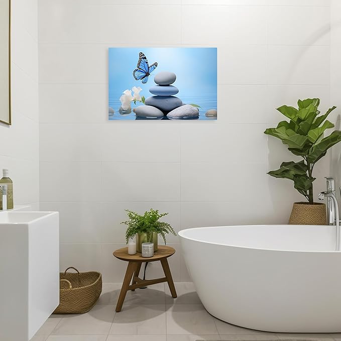 ARTZGX Zen Wall Art for Bathroom Zen Stone Picture Blue Butterfly Painting Still Life Artwork for Yoga Room Decor Frame(Zen - C 24.00" x 36.00")